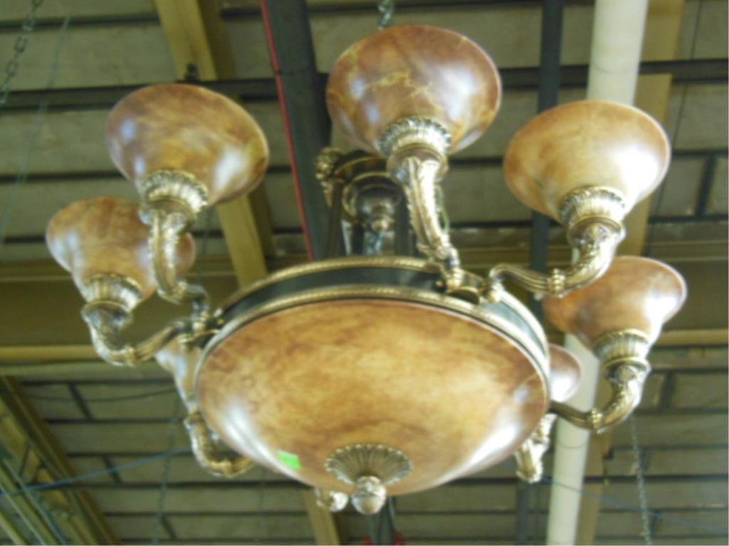 Bronze & Alabaster 9-Light chandelier: Bronze and alabaster nine-light chandelier, ebonized and polished bronze with cast rams heads, c 1940, 30" h, 30" d. [6] CONDITION: No issues identified.