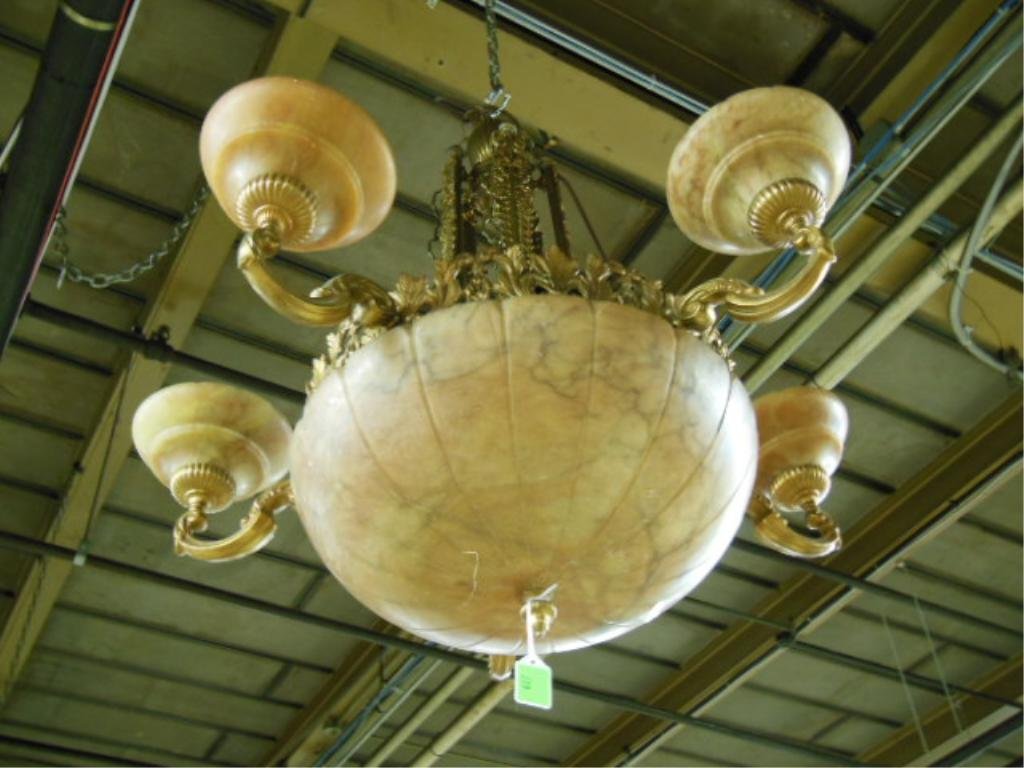 Bronze & Alabaster 5-Light Chandelier: Bronze and alabaster 5-light chandelier, circa 1930's. Art Deco style. 29"=h (overall) CONDITION: Scratch in alabaster dome; candle cups are replacements.