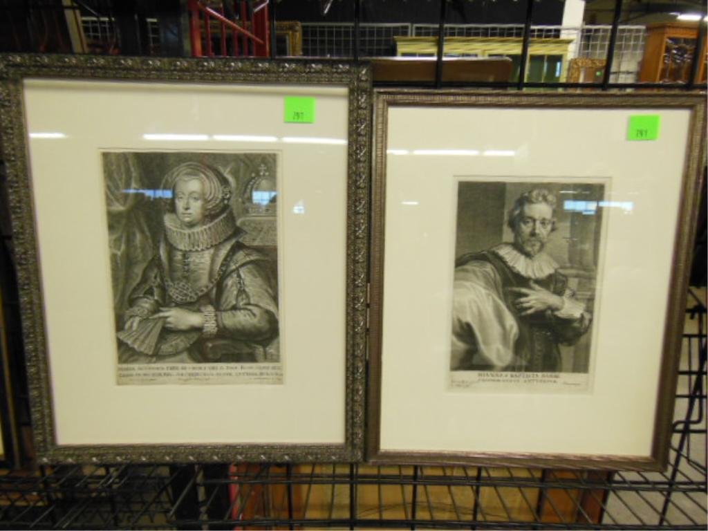 2 [After] A. Van Dyck, Engravings: Two [after] Anthony Van Dyck, engravings: "Maria Austriaca..."; "Ioarines Baptista Barge...". Mid-17th C.. 18" height x 15" width = frame (Maris of Austria) 17" height x 13 1/2" width = frame (John th