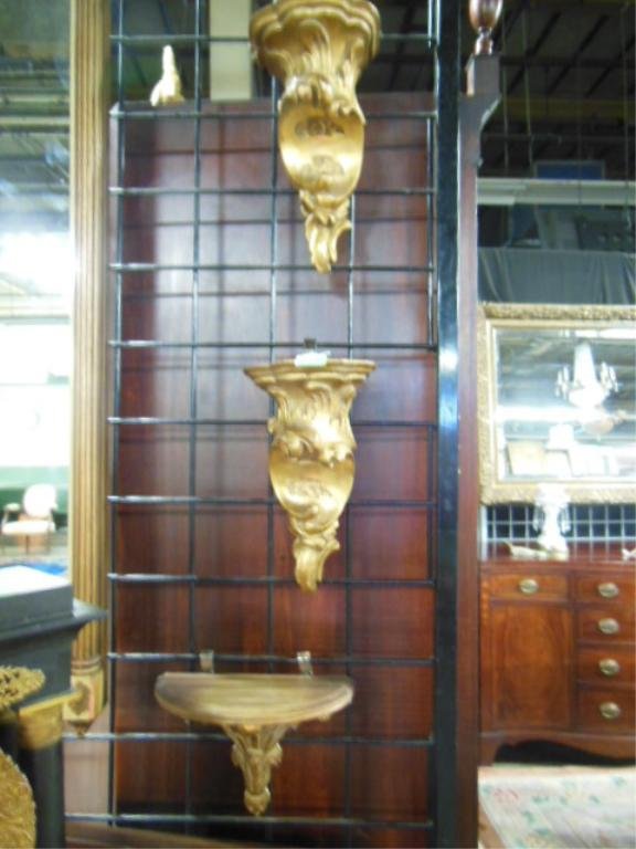 3 Wall Brackets: Three wall brackets, gilt wood in acanthus designs, Italian, mid 20th C. , 6" h and 10". CONDITION: No issues identified.