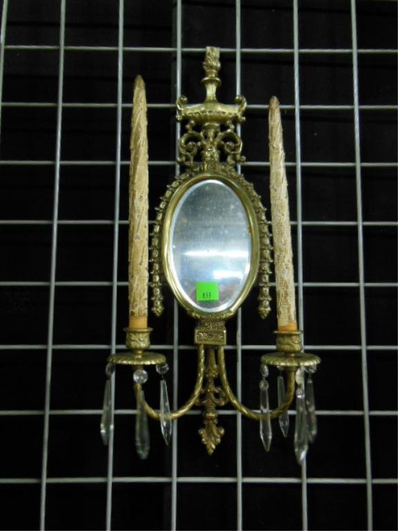 Pr Neo Classical Wall Sconces: Pair of Neo Classical wall sconces, brass with beveled mirrors and cut prisms, mid 20th C., 22 1/2" h. CONDITION: No issues identified.