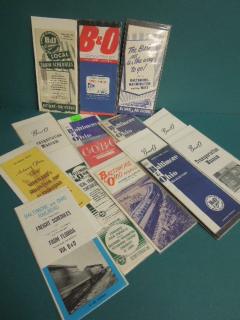 15 railroad time tables: (5) B & O.R.R. Time Tables 1960's, (5) B & O.R.R. Time Tables 1960's, (5) B & O.R.R. Time Tables 1950's