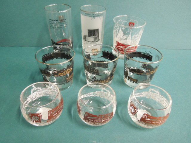 P.R.R. Glasses: (2) P.R.R. Glass Roly Poly Style 2 1/4" Tall has Red & White Enameled Keystone Logo with GG-1 Engine Pulling Freight Train (3) P.R.R Highball Glass Gold P.R.R. Keystone Logo Glass have (4) Black & Gol