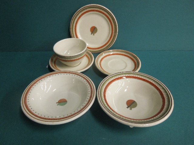 P.R.R. Broadway pattern china pieces: P.R.R. Broadway cup saucer 5 1/2" back stamped Scammells Keystone. P.R.R. Broadway pattern small 6 3/8" plate backed marked Scammells Trenton China Co. with Keystone. P.R.R. Broadway pattern 6 3/8" sm