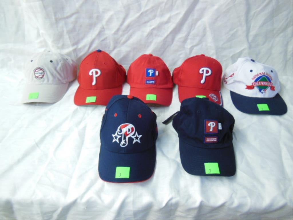 7 Philadelphia Phillies Hats: 7 Philadelphia Phillies Hats and 1 1993 National League Champs & others Condition: Worn to like new.