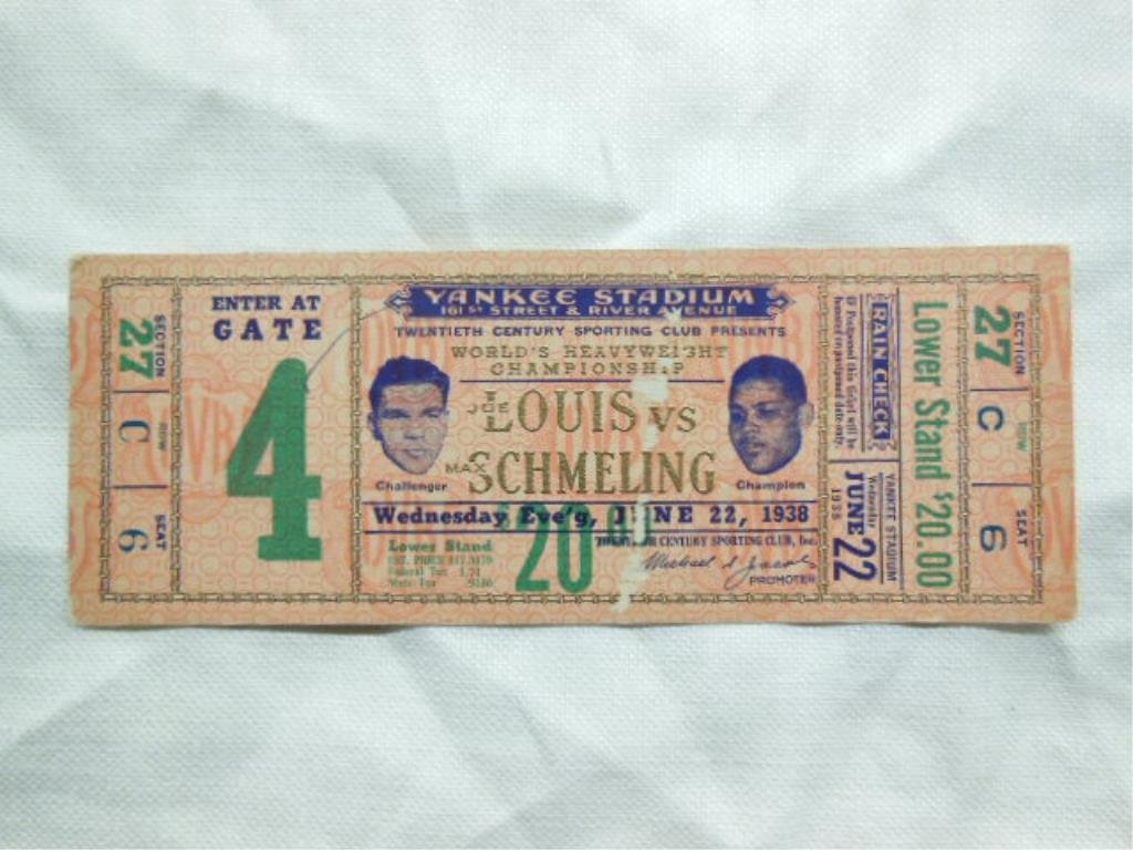 1938 Boxing Ticket Joe Louis vs Max Schmeling: 6/22/1938 Boxing Ticket Joe Louis vs Max Schmeling, Yankee Stadium, Gate 4, Sect:27,Row C,Seat 6, Lower stands. Condition: Wear in the front middle and minor wear on corners, pen marks across top left