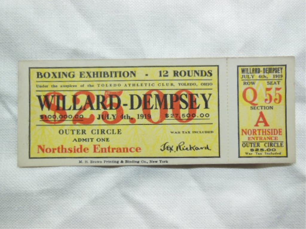 1919 Boxing ticket Willard vs Dempsey: 7/4/1919 Exhibition Boxing ticket Willard vs Dempsey , Toledo Athletic Club, Northside entrance, Sect: A, Row: Q, Seat 55, Outer circle, $25 War Tax included. Condition: some wear
