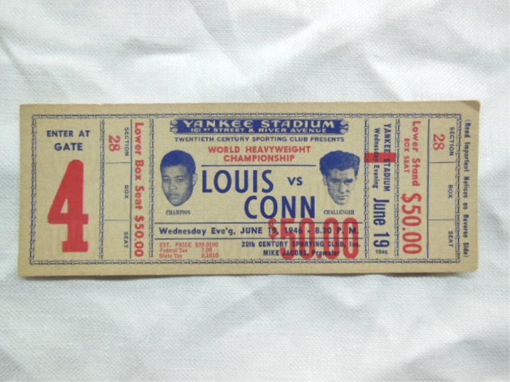 1946 Boxing Ticket, Louis vs. Conn: June 19th, 1946 boxing ticket, World Heavyweight Championship, Louis vs. Conn, Yankee stadium, Gate: 4, Sec: 28 (lower box seat). CONDITION: Some wear (edges) from age.