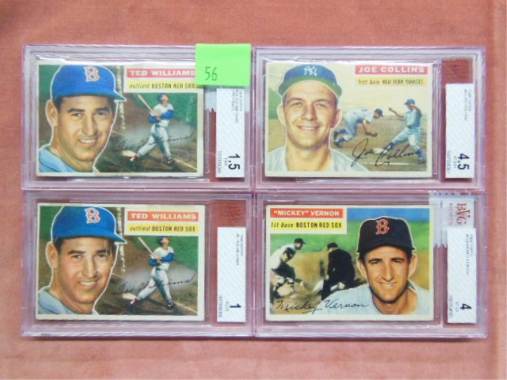(4) 1956 Topps "Graded" Baseball Cards: (4) 1956 Topps "Graded" baseball cards #5 Ted Williams (1), #5A Ted Williams (grey Back) (1.5), #21 Joe Collins (4.5) & #228 - Mickey Vernon (4), Beckett grading services. CONDITION: Graded