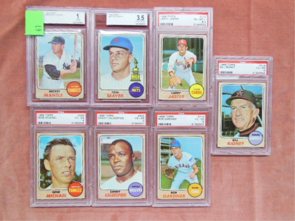 (7) 1968 Topps Graded Baseball Cards: (7) 1968 Topps Graded Baseball Cards; #45- Tom Seaver (3.5), #117-Larry Jaster (6.5), #219 Rob Gardner (4), #280 - Mickey Mantle (1), #299 Gene Michael (4), #304- Sandy Valdespino (4) and #416- Bill R
