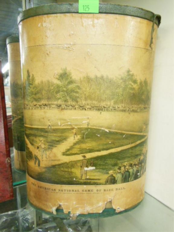 Vintage Baseball Printed Trash Can: Vintage Baseball Printed trash can depicting the 1860's "Grand Match for the Championship at the Elysian Fields, Hoboken, NJ. CONDITION: Tears & paper losses to print.