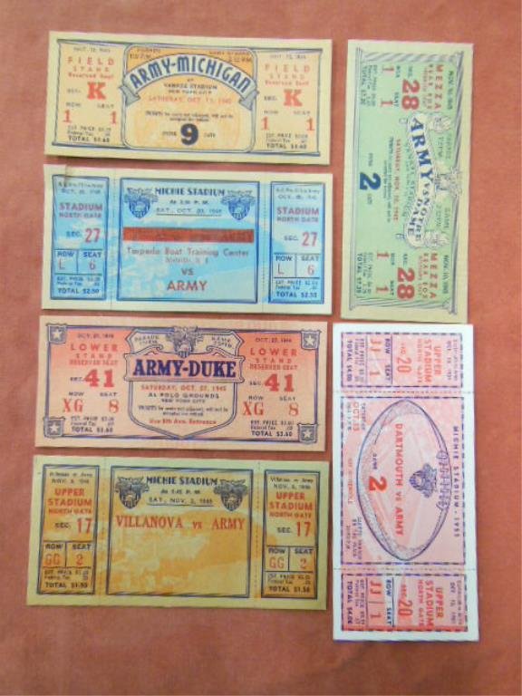 6 College Football Tickets, 1945: (6) College (vs. Army) football tickets, 1945 & 1951 including: (5) 1951 - (10/13 vs Michigan, 1/020 vs Tornado boat training center, 10/27 vs. Duke, 11/3 vs Villanova & 11/10 vs Notre Dame) & (1) 10/