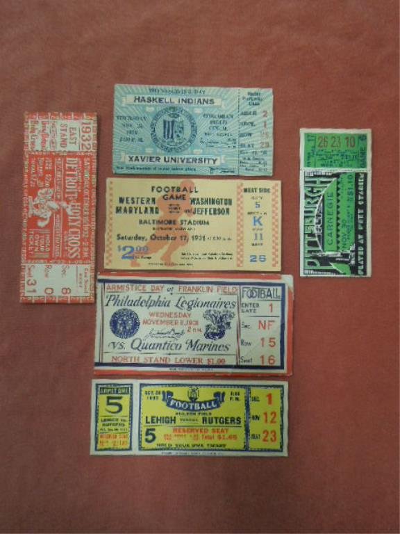 6 College Football Tickets & Stubs: (6) College football tickets & stubs, 1930s, including; (4) stubs, 1931-(Phila Legionaries vs. Quantico Marines & West Maryland vs. Washington Jefferson), 1932-(Haskell Indians vs. Xavier) 1933-(Pitt.