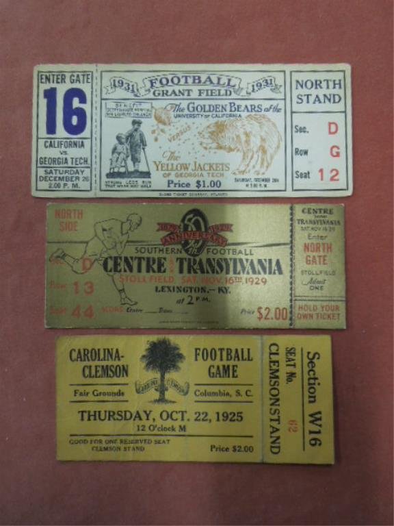 3 College Football Tickets, 1920s-30s: (3) College football tickets, 1920s-30s including: 10/22/25 - Carolina vs. Clemson, 11/16/29 - Central vs. Transylvanian (50th Anniv of Southern Football) & 12/26/31 U. of Cal. vs. Geo Tech (benefit S