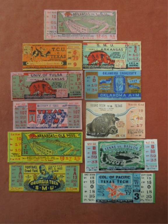 11 College Football Tickets & Stubs: (11) College football tickets & stubs, 1937 & 1950s, including: (5) stubs, 11/13/37 - TCU vs. Texas, 11/15/52 - S.M.U. vs. Arkansas, 11/28/53 - U of Tulsa vs. Arkansas, 12/1/56 - Okla vs. Okla A & M &