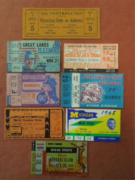 8 College Ticket & Stubs, 1940s-70s: (8) College ticket & stubs, 1940s-70s, including: (1) ticket 11/30/46 Miss St. vs. Alabama & (7) stubs 11/21/42 Great lakes vs. Illinois, 10/30/43 North Western vs. Minn, 1948 - 9.25 Duke vs. N. Carol