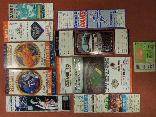 9 NFL Ticket Stubs, 80s: (9)NFL ticket stubs, 1980s-2000s including; (5) 1980s - (11/15/81-dolphins vs. Raisers, 10/3/82 - Jets vs. Houston, 10/31/82 Giants vs. Cowboys & 11/19, 12/10/89 Chicago vs. Buck & Lions), (3) 190s - 