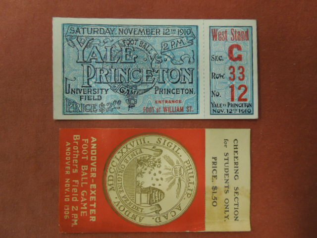 2 Early 20th C. Football Tickets: (2) Early 20th C. football tickets including: (1) Nov. 12th, 1910 Yale vs. Princeton (University Field) & (1) Nov 10th, 1906 Andover-Exeter, cheering section, students only. CONDITION: Fair to good An