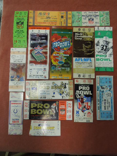 (13) NFL and College Bowl Tickets and Stubs: (13) NFL and College Bowl Tickets and Stubs 1960's - 2000's includes: (5) Pro Bowl Tickets - 1965, 67, 69, 99 + 2002 (2) Bowl Tickets - 1967 Orange Bowl + 1969 Gator Bowl, (1) 1967 World Champ Game, 1