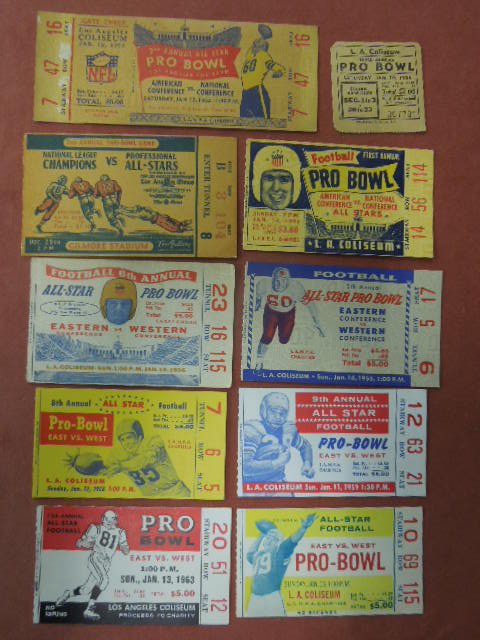 (9) Pro Bowl Football Ticket and Stubs: (9) Pro Bowl Football Ticket and Stubs, 1950's - 60's, includes: (1) Ticket - (2nd Annual - 1952) and (8) Stubs (1951- 1st Annual, (2) 1953, 1955, 1956, 1958, 1959, 1961 and 1963). CONDITION: Fair to 