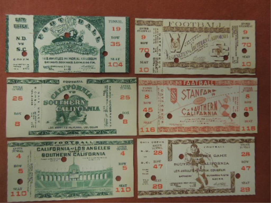 (6) College (vs. So Cal) football tickets: 1930's including; 12/5/36 vs. Notre Dame, 1938 - 11/5 vs. Cal, 11/24 (Thanksgiving Day) vs. Cal and 12/3 vs. Notre Dame, 1939 - 11/11 vs. stanford and 12/2 vs. Wash.