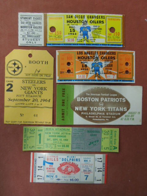(6) NFL Tickets and Stubs: 1960's including; (3) tickets 9/18/60 LA Chargers vs. Oilers, 12/15/63 SD Chargers vs Oilers, 9/12/64 Jets vs. Broncos, plus (3) stubs - AFL Boston Patriots vs. NY Titans @ Philadelphia Stadium (8/19/