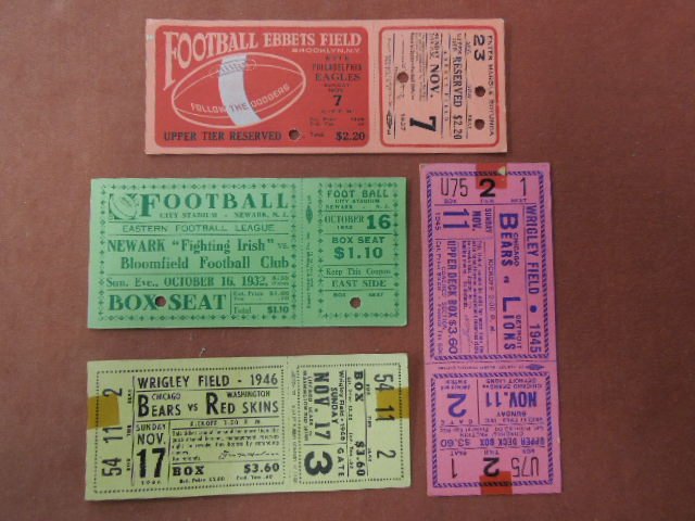 (4) NFL + Other Football Tickets: 1930's and 40's including; 10/16/32 Eastern Football League Newark "fighting irish vs. Bloomfield football club, 11/7/37 Brooklyn Football Club vs. Eagles @ Ebbets field, 11/11/45 Bears vs. Lions and