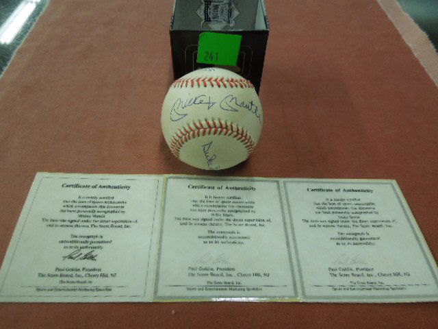 Signed Baseball, Mantel, Mays + Snyder: Mickey Mantel, Willie Mays and Duke Snyder signed baseball, Mantel in sweet spot. Score Board Inc. authentication