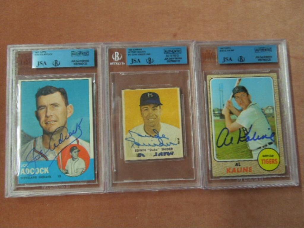(3) Signed Baseball cards: including 1963 Topps #170 - Joe Adcock, 1968 Topps #240 Al Kaline and 1989 Bowman reprint inserts #10 Duke Snider (Authentic - Altered) all with JSA certification (Beckett)