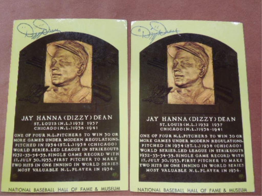 (2) Signed Postcards "Dizzy Dean: (2) Signed National Baseball Hall of Fame postcards "Dizzy Dean", not authenticated, no grading. plus Bob Saverine signed on paper CONDITION: Some wear from age.