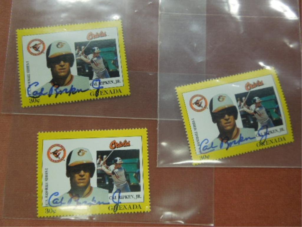 (3) Cal Ripkin Signed Stamps: (3) Cal Ripkin Signed postage stamps Grenada 30¢ (U.S. Baseball Series 1), not authenticated or grades. CONDITION: Good.