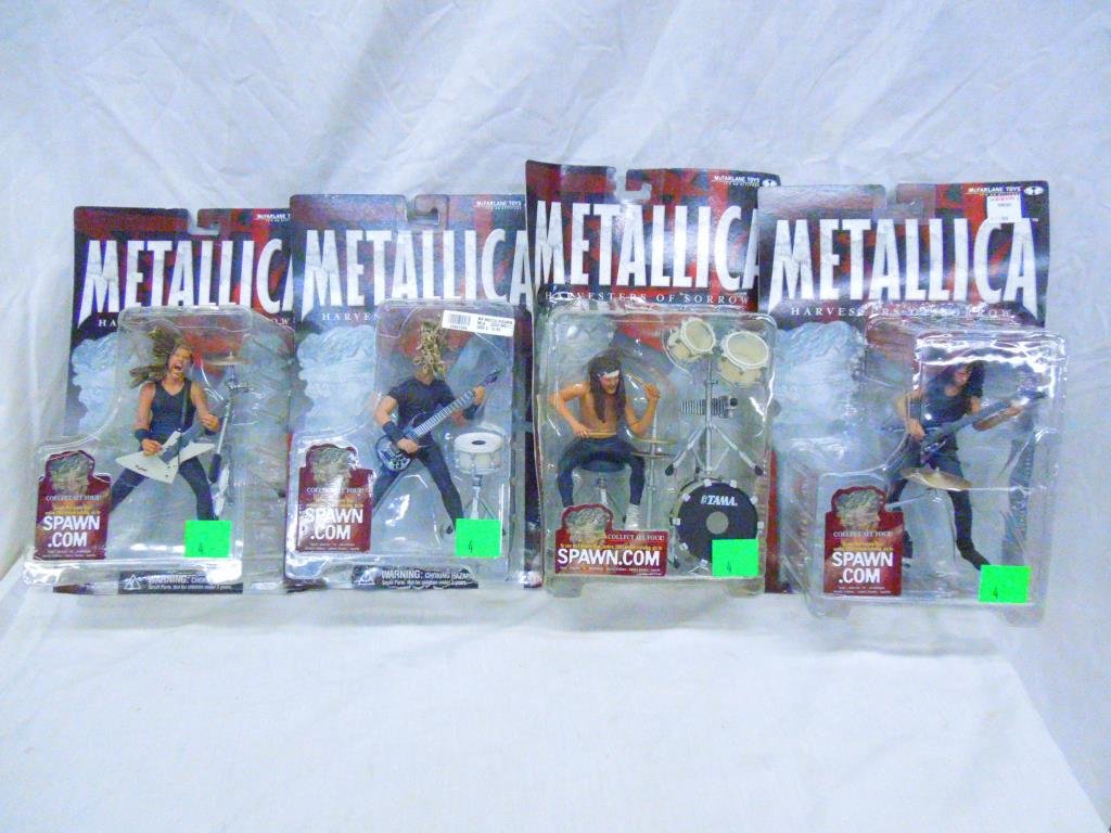 4 Metallica Figure Set By McFarlane: Metallica Harvesters of Sorrow Figure Set By McFarlane Toys circa 2001. Set of 4 figures include: Kirk Hammett, Jason Newsted, James Hetfield, Lars Ulrich. Condition: New in original packaging, packag