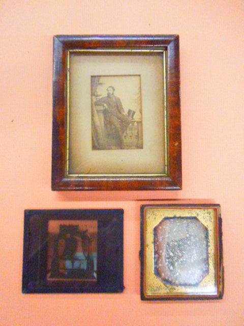 Photo of Gents Negative, Liberty Bell & Tin Type: Lot of 3 pieces includes; framed photo of gentleman with top hat (5 1/4" x 6 1/4"), glass negative, Liberty Bell, Buffalo Society of Natural Sciences #23644-B (3 1/4" x 4") and tin type photograph of