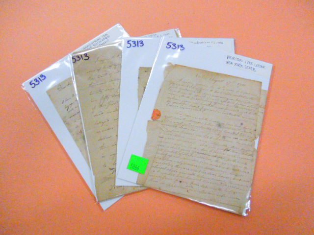 (4) Late 18th / Early 19th c. Letters: (4) late 18th / early 19th c. letter including; 1788 (J. Leonoud to M. Greene), 1796 (Lawyer Letter), 1801 (Land Purchase Agreement, NY), and 1801 (Charlestown, Discovering Cotton Shipment). CONDITION