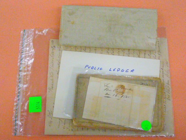Lot Early 19th C. Ephemera: Lot of early 19th C. ephemera, including; letters - story (The Twin sisters - hand written) autograph book & 1836 public ledger newspaper clipping. CONDITION: All have some wear, tears & loss.