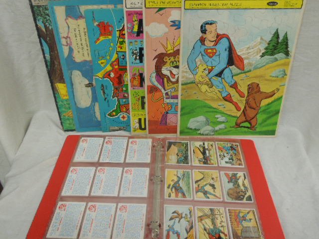 (6) Puzzles & Superman Card Set: (6) puzzles & retro Superman card set; (4) Whitman puzzles (Superboy, Linus The Lion Hearted, Walt Disney ABC & Bugs Bunny), Mary Little Lamb & U.S. State puzzle, plus 72 piece set of 1984 reprints; (