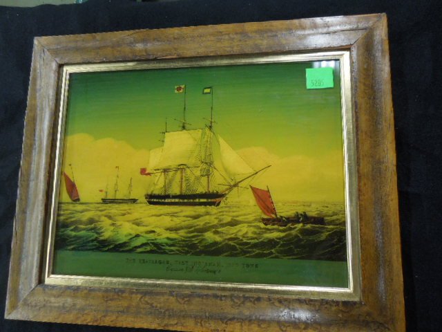 Framed Print - Clipper Ships: Framed print - East Indianan Clipper =Ships, Eglomise process, 14 1/2" x 18 burl wood veneer frame. CONDITION: Print good, veneer on frame loose.