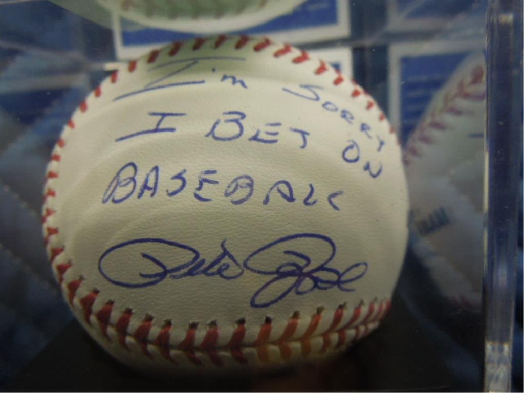 Pete Rose "Sorry" Signed Baseball: " I'm sorry I bet on baseball", PSA certification (PSA sticker on ball), overall grade 9, south panel Condition; Good in square plastic case