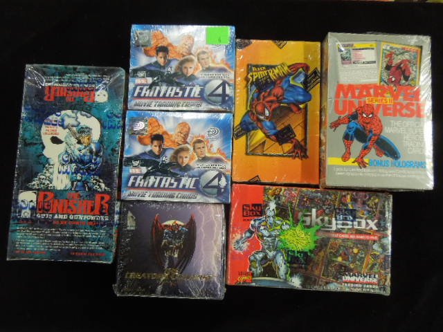 7 Boxes of Marvel Trading Cards: (2) Fantastic Four (movie), (1) Creator's Universe, (2) Marvel Universe series 2 & 4, (1) Punisher & (1) Spiderman. Condition: All sealed.