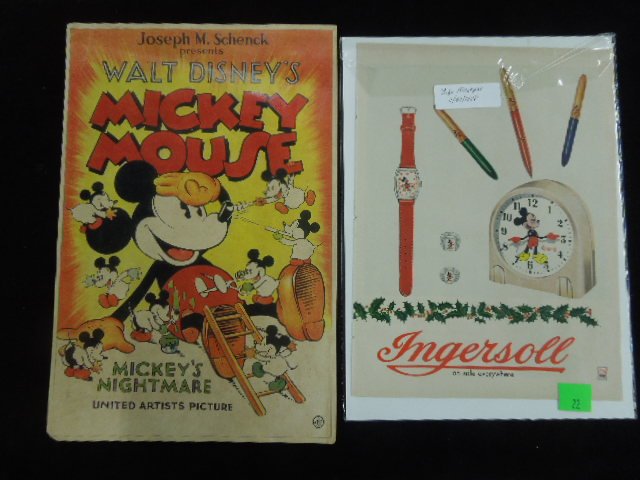 Mickey Mouse Poster & Magazine Pages: Including: 16 1/4" x 10 7/8" poster Mickey's Nightmare on light cardboard/ heavy paper plus 2 Mickey Mouse Life Magazine ads 1948 Ingersoll Time pieces. Condition: some wear from age especially on edg