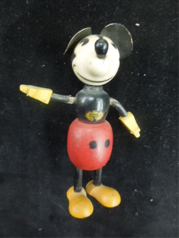 Wood Mickey Mouse Figure w/moveable arms: Wood Mickey Mouse Figure w/moveable arms. 5" tall. Condition: some paint wear to body and ears