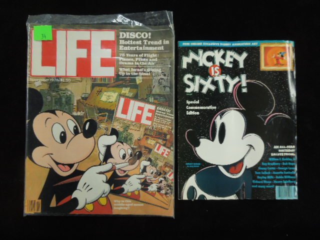2 Magazines Featuring Mickey Mouse: Icluding: Nov. 1978 Life and Mickey is 60 special edition with animation cell inside. Condition: Minor wear from age.