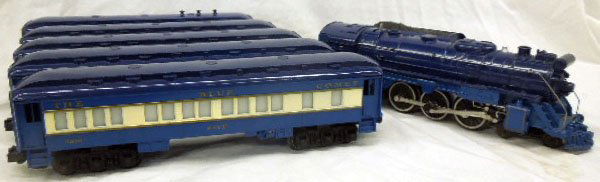Lionel Blue Comet Train Set: including engine and tender, plus 6 cars, #'s, 6 - 8801, 6 - 9539, 6 - 9538, 6 - 9536, 6 - 19000, 6 - 9537, 6 - 9540 Condition; good, used, showing minor wear