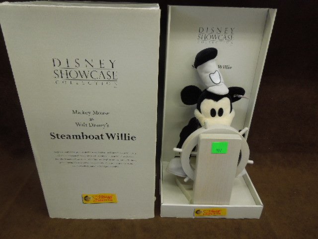 Steiff Mickey Mouse Disney Showcase Collectio: Steiff Mickey Mouse as Steam Boat Willie, Disney showcase collection (first in a series) with original box, limited to 10,000, from Steiff Club. CONDITION: In original box, very minor wear.