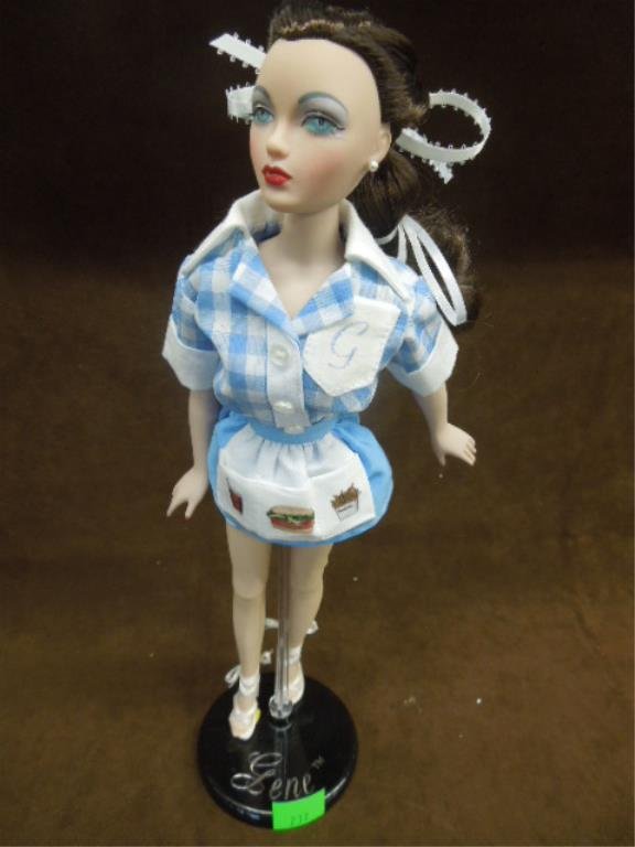 Gene "Saturday Lunch" Porcelain Doll: Gene "Saturday Lunch" porcelain doll, 15 1/2", The Gene Marshall collection with tray, pizza & popcorn, plus 50s Flashback car pin & key chain, designed by Mel Odom, Ashton-Drake Galleries with origin