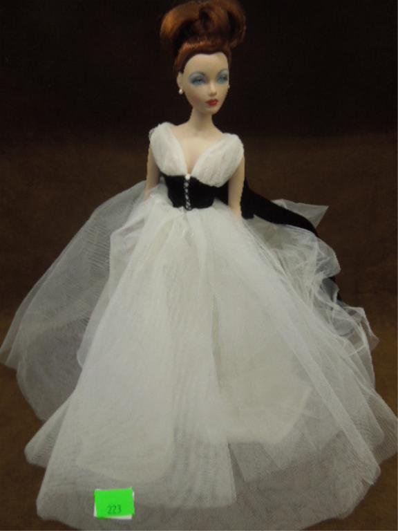 Gene Marshall Porcelain Doll, 17": Gene Marshall porcelain doll, 17", red head with white sleeveless dress, black corset with ling bow on back, no shoes, 1995, designed by Mel Odom with Gene stand & "Share The Dream" hat box with pin, 