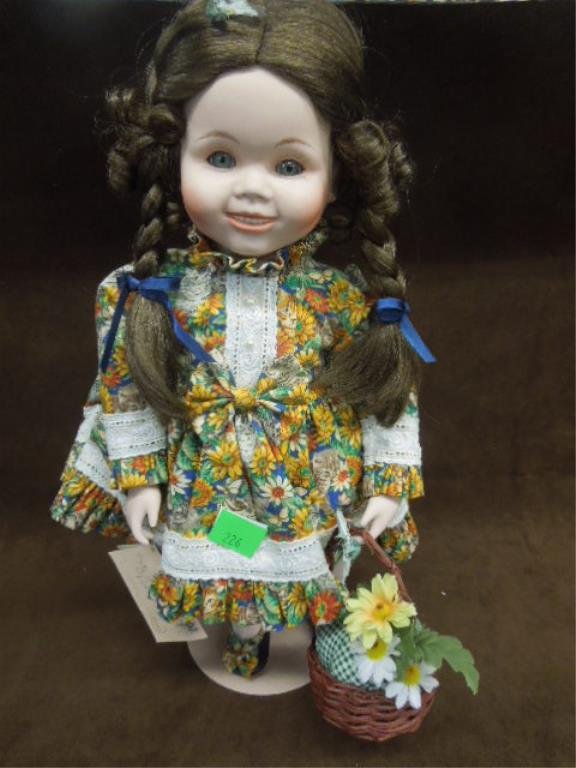 Betty Jane Carter Porcelain Doll "Ellie", 18": Betty Jane Carter porcelain doll, "Ellie", 18", by Goebel (U.S.), 1993, designed by Bette Ball, limited edition (A.P> / 500) with sun flower dress, shoes & basket, butterfly burette in hair. CONDITION
