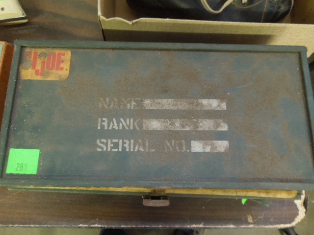 GI Joe Trunk w/Accessories: GI Joe trunk with accessories, including weapons, tools, tent, some clothing, manual, etc. c 1960's. CONDITION: Played with condition, completeness unknown, hinge to box lid needs to be reattached.
