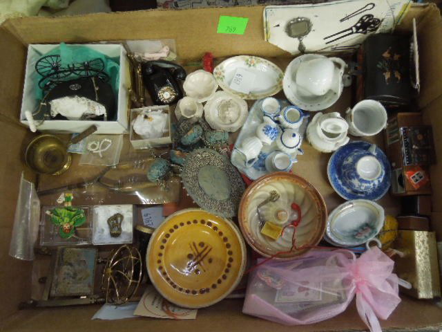 Doll House Accessories: Doll house accessories, includes: vintage hand made table & four chairs, plus old & newer accessories: hair curlers, scissors, fan, doll in carriage, phone, HiFi System, porcelain tea set, wash bowl &