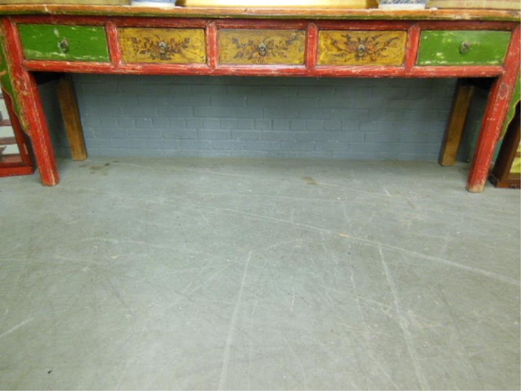 Chinese Altar Table: Chinese Altar table, polychromed hard wood in red, green, rust & mustard; carved end bracelets, 5 drawers with ring pulls, 19th/20th c. L 8' 4 1/2"; H 34 1/2", w 18". CONDITION: Overall losses to fini